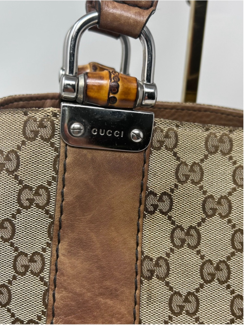 Gucci GG Canvas Bamboo Bar Tote Beige Monogram Shoulder Bag Leather - Picture 3 of 16